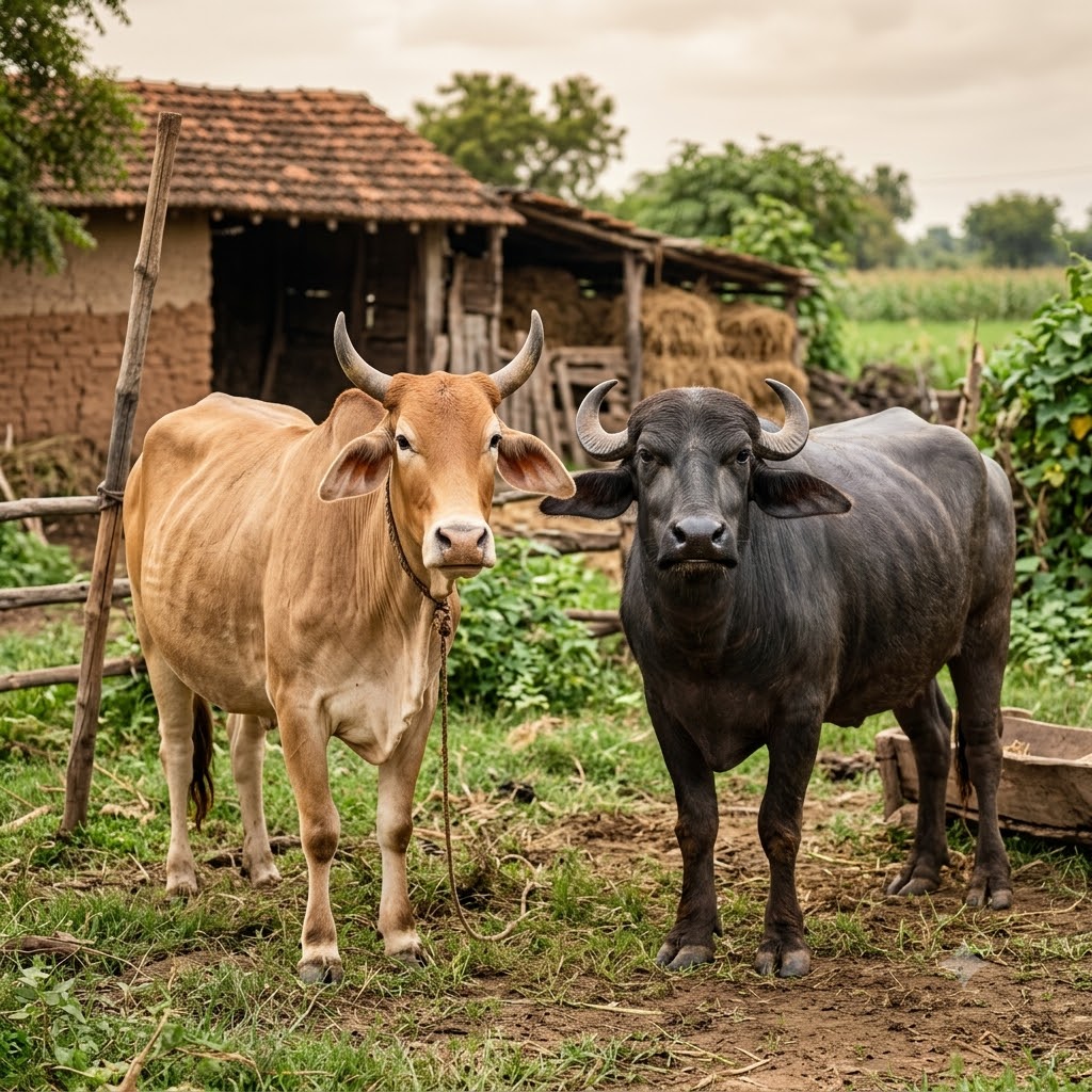 Cow and buffalo at rural farm